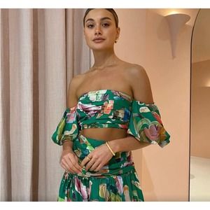 Alemais Arlo Off the Shoulder Puff Sleeve Floral Silk Cropped Top